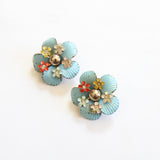 "Enamel Florals" Vintage 1940's Enamel Flower & Rhinestone Clip on Earrings