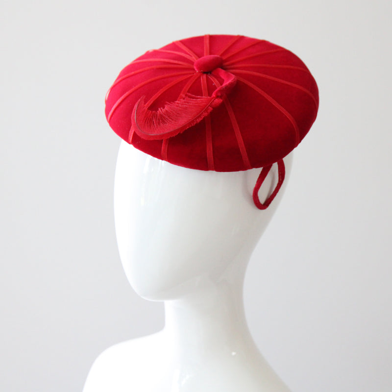"Ruby Velvet & Plume" Vintage 1950's Ruby Red Velvet & Plume Percher Hat