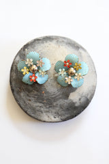 "Enamel Florals" Vintage 1940's Enamel Flower & Rhinestone Clip on Earrings