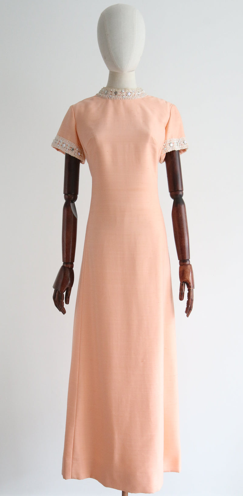 "Cream Peach" Vintage 1960's Cream Peach Rhinestone Embellished Dress UK 12 US 8