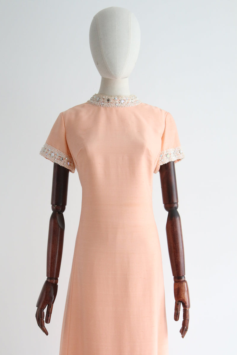"Cream Peach" Vintage 1960's Cream Peach Rhinestone Embellished Dress UK 12 US 8
