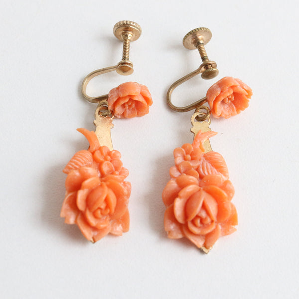 "Coral Roses" Vintage 1930's Coral Celluloid Rose Screw Back Earrings