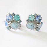 "Confetti Cabochon" Vintage 1950's Palette of Blue Cabochons & Rhinestone Clip on Earrings