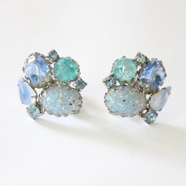 "Confetti Cabochon" Vintage 1950's Palette of Blue Cabochons & Rhinestone Clip on Earrings