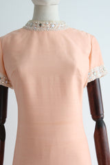 "Cream Peach" Vintage 1960's Cream Peach Rhinestone Embellished Dress UK 12 US 8