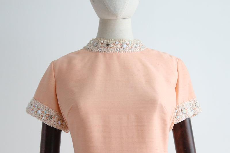 "Cream Peach" Vintage 1960's Cream Peach Rhinestone Embellished Dress UK 12 US 8