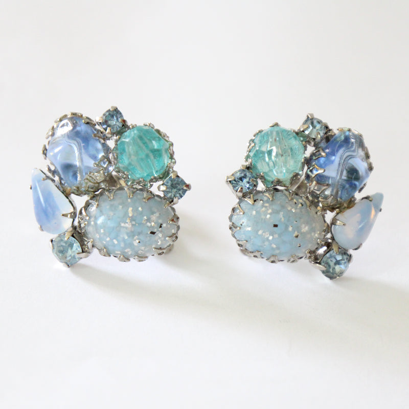 "Confetti Cabochon" Vintage 1950's Palette of Blue Cabochons & Rhinestone Clip on Earrings