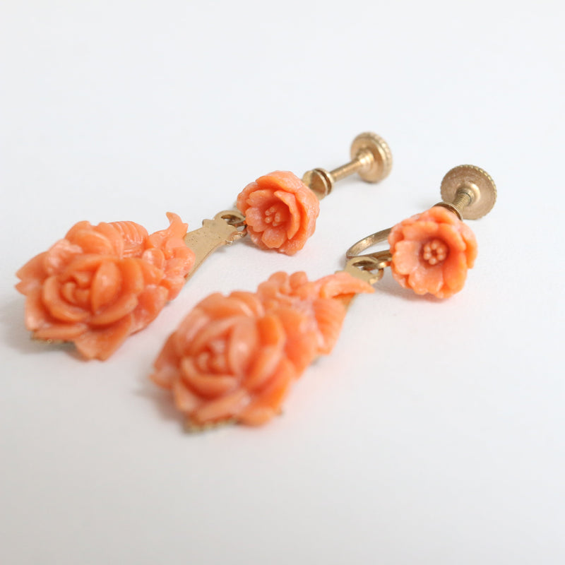 "Coral Roses" Vintage 1930's Coral Celluloid Rose Screw Back Earrings