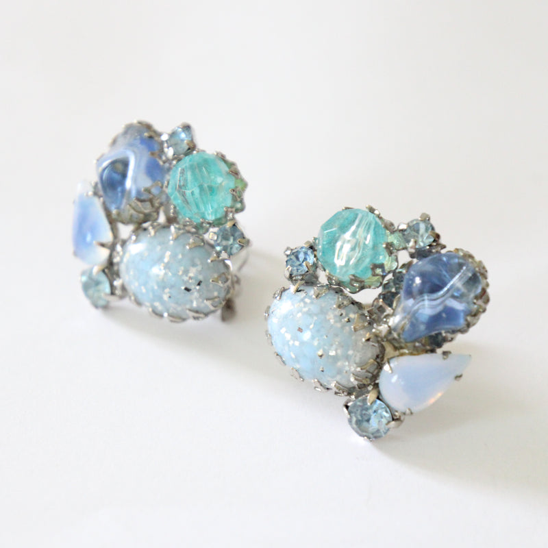"Confetti Cabochon" Vintage 1950's Palette of Blue Cabochons & Rhinestone Clip on Earrings
