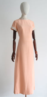 "Cream Peach" Vintage 1960's Cream Peach Rhinestone Embellished Dress UK 12 US 8