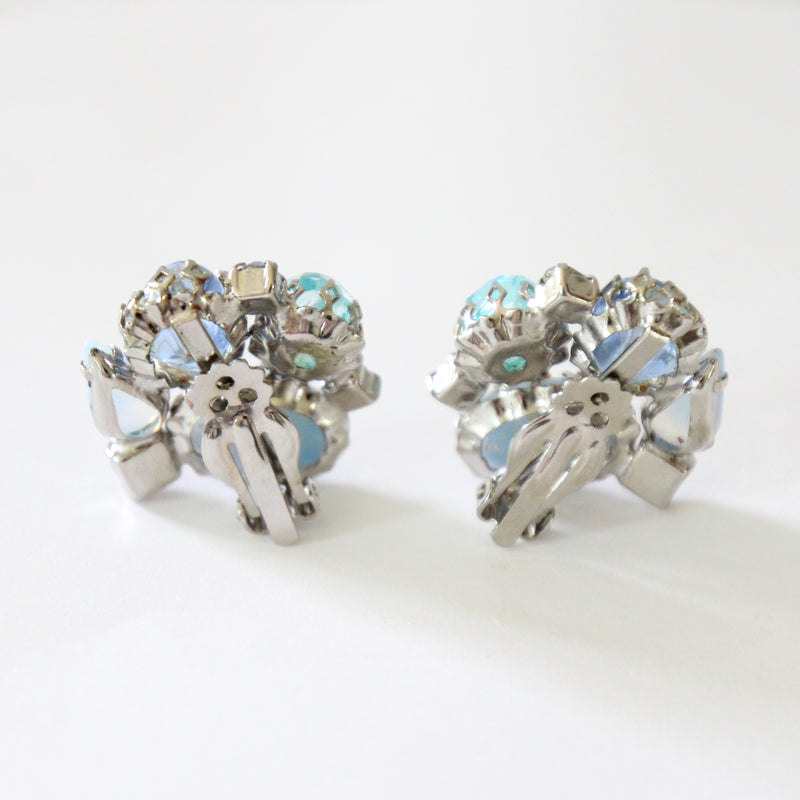 "Confetti Cabochon" Vintage 1950's Palette of Blue Cabochons & Rhinestone Clip on Earrings