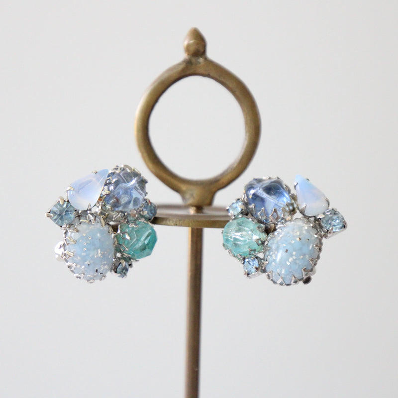 "Confetti Cabochon" Vintage 1950's Palette of Blue Cabochons & Rhinestone Clip on Earrings