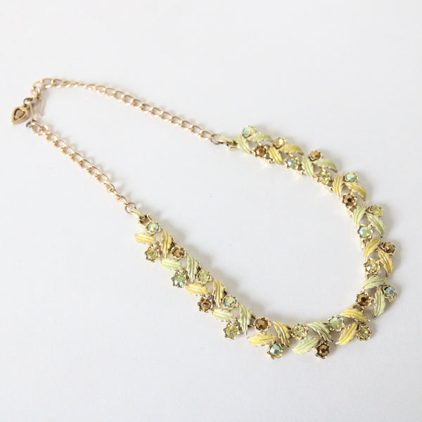 "Chartreuse Leaves & Rhinestones" Vintage 1960's Chartreuse Rhinestone & Leaf Necklace