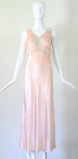 "Taupe Lace Accents" Vintage 1930's Pink & Taupe Lace Accent Gown UK 8-10 US 4-6