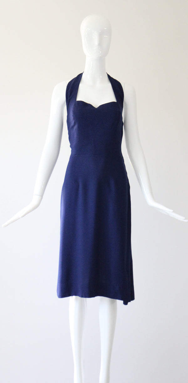"French Navy" Vintage 1940's Navy Blue Cotton Halter Neck Dress UK 8-10 US 4-6