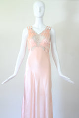 "Taupe Lace Accents" Vintage 1930's Pink & Taupe Lace Accent Gown UK 8-10 US 4-6