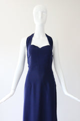 "French Navy" Vintage 1940's Navy Blue Cotton Halter Neck Dress UK 8-10 US 4-6