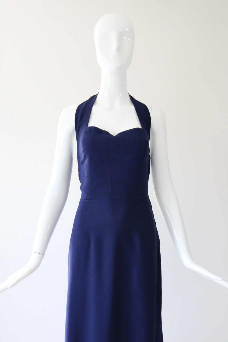 "French Navy" Vintage 1940's Navy Blue Cotton Halter Neck Dress UK 8-10 US 4-6