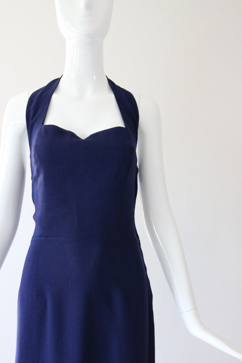 "French Navy" Vintage 1940's Navy Blue Cotton Halter Neck Dress UK 8-10 US 4-6