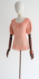 "Swirling Crochet" Vintage 1930's Pink Crochet Blouse UK 12 US 8