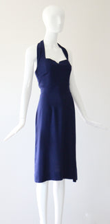 "French Navy" Vintage 1940's Navy Blue Cotton Halter Neck Dress UK 8-10 US 4-6