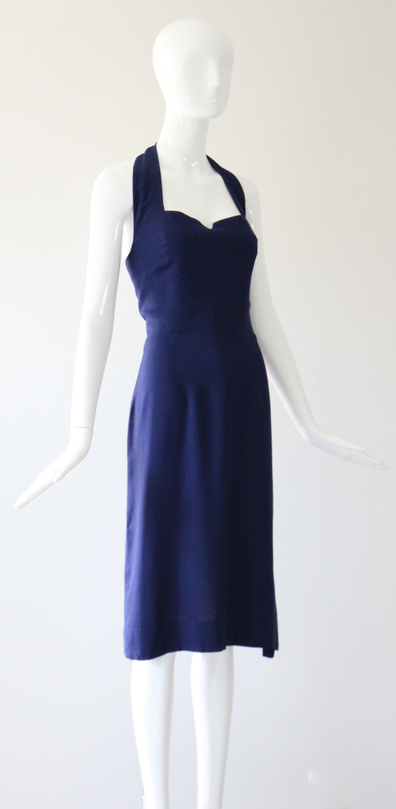"French Navy" Vintage 1940's Navy Blue Cotton Halter Neck Dress UK 8-10 US 4-6