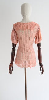 "Swirling Crochet" Vintage 1930's Pink Crochet Blouse UK 12 US 8