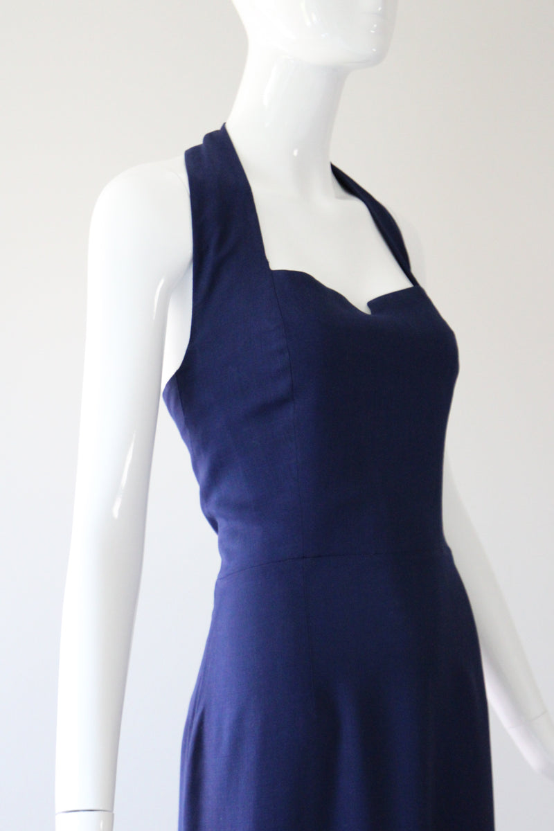 "French Navy" Vintage 1940's Navy Blue Cotton Halter Neck Dress UK 8-10 US 4-6