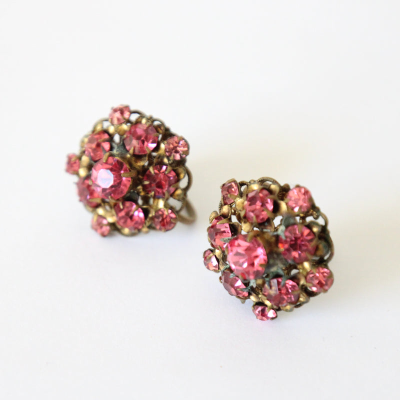 "Rose Rhinestones" Vintage 1930's Rose Rhinestone Screw Back Earrings