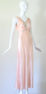 "Taupe Lace Accents" Vintage 1930's Pink & Taupe Lace Accent Gown UK 8-10 US 4-6