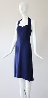 "French Navy" Vintage 1940's Navy Blue Cotton Halter Neck Dress UK 8-10 US 4-6
