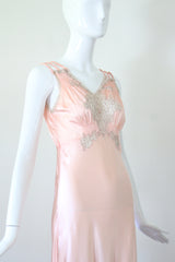 "Taupe Lace Accents" Vintage 1930's Pink & Taupe Lace Accent Gown UK 8-10 US 4-6