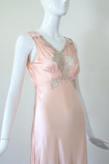 "Taupe Lace Accents" Vintage 1930's Pink & Taupe Lace Accent Gown UK 8-10 US 4-6