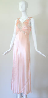 "Taupe Lace Accents" Vintage 1930's Pink & Taupe Lace Accent Gown UK 8-10 US 4-6