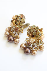 "Champagne Pearls & Rhinestones" Vintage 1950's Champagne Pearl & Rhinestone Clip on Earrings