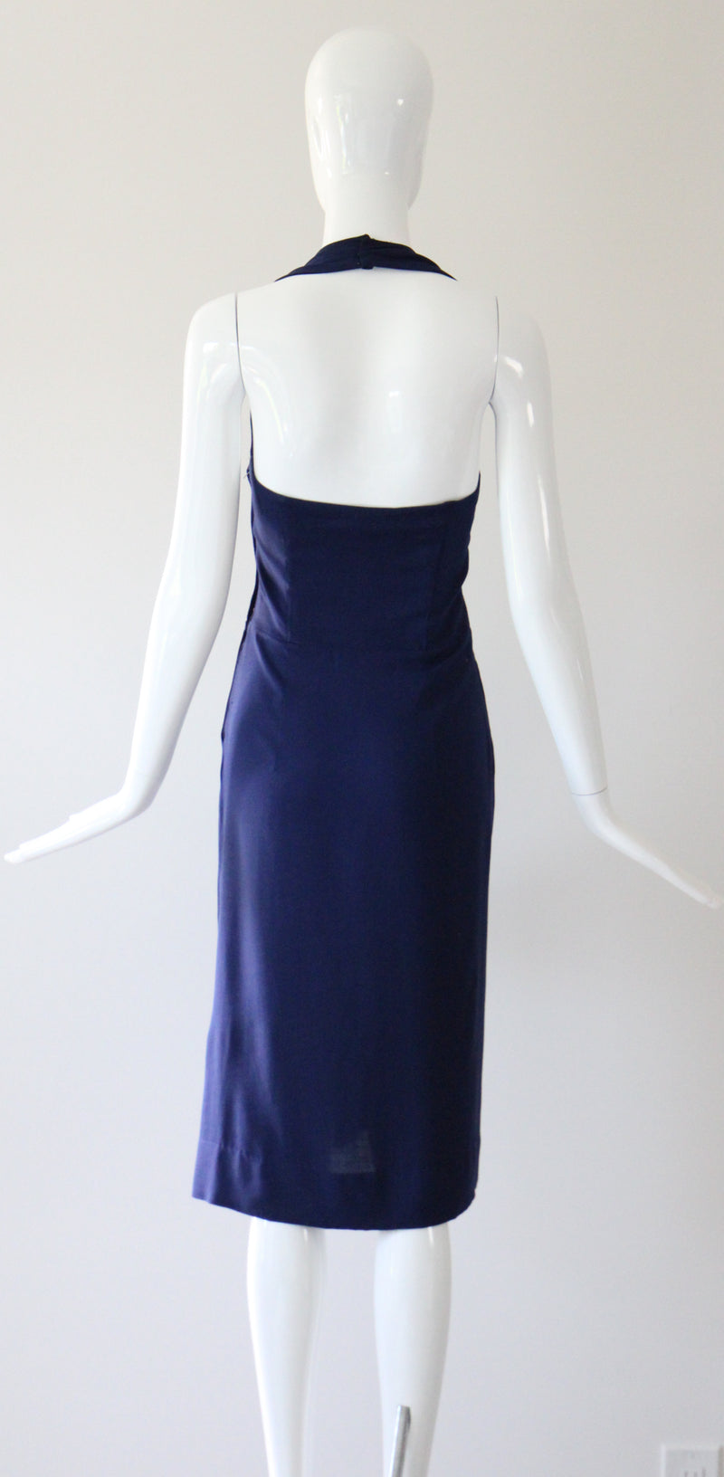 "French Navy" Vintage 1940's Navy Blue Cotton Halter Neck Dress UK 8-10 US 4-6