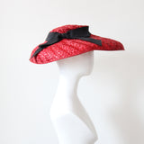 "En Rouge" Vintage 1940's Wide Brim Red & Black Raffia Saucer Hat