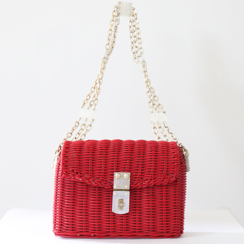 "Lucite & Basket" Vintage 1950's Red Basket & Lucite Chain Shoulder Bag
