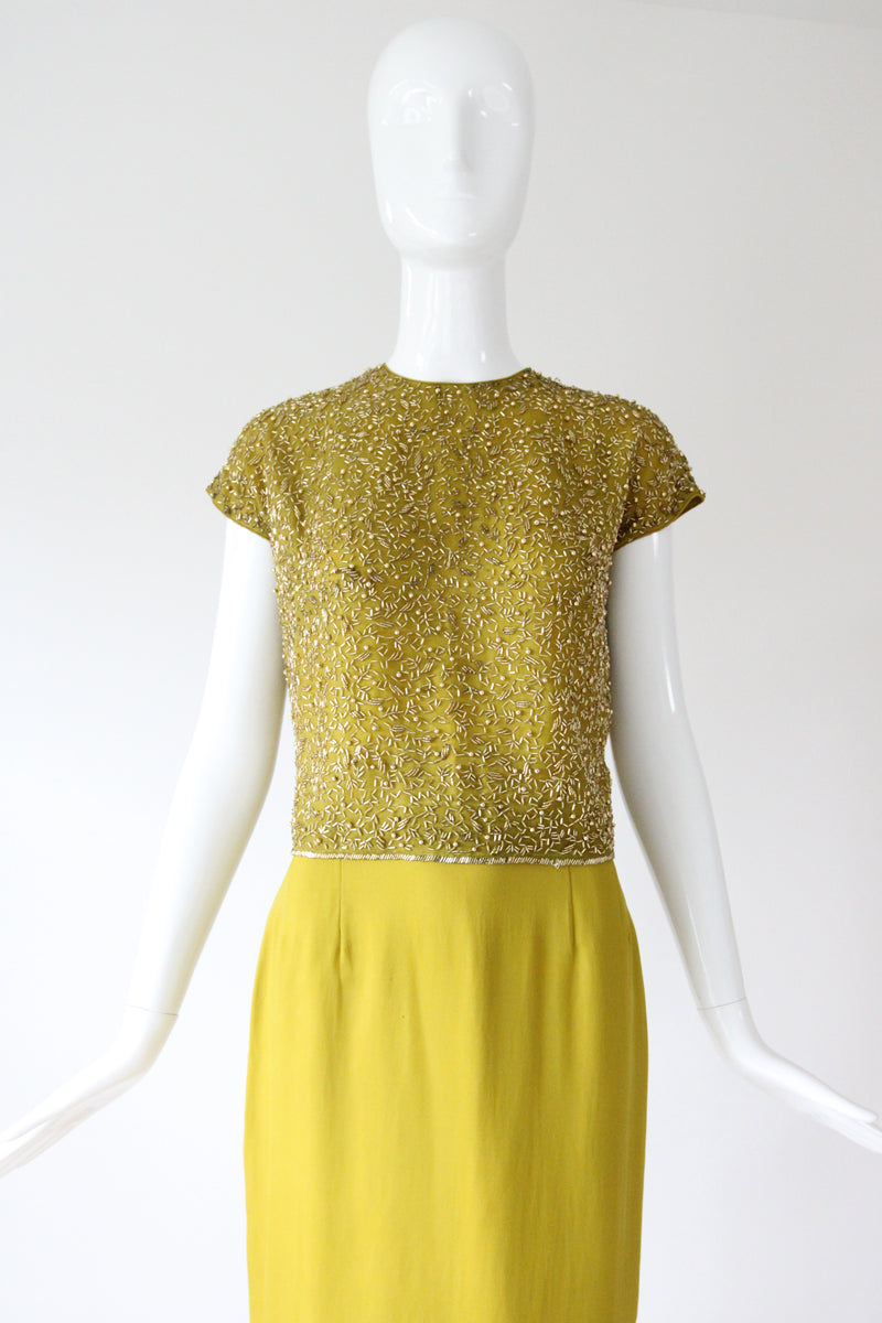 "Chartreuse & Gold" Vintage 1960's Chartreuse Green & Gold Beaded Cocktail Suit UK 8 US 4