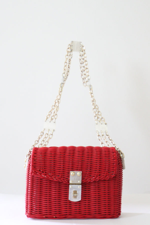 "Lucite & Basket" Vintage 1950's Red Basket & Lucite Chain Shoulder Bag