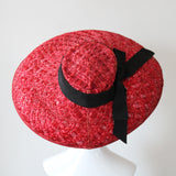 "En Rouge" Vintage 1940's Wide Brim Red & Black Raffia Saucer Hat