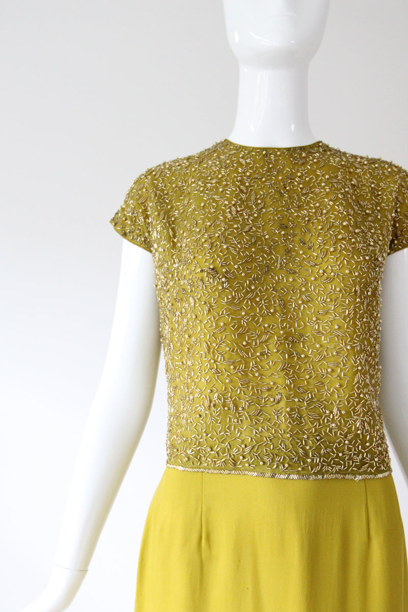 "Chartreuse & Gold" Vintage 1960's Chartreuse Green & Gold Beaded Cocktail Suit UK 8 US 4