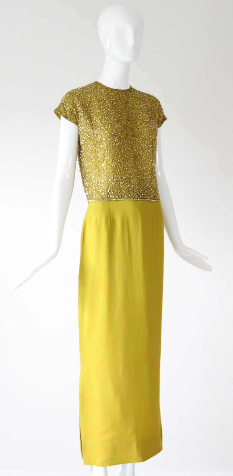 "Chartreuse & Gold" Vintage 1960's Chartreuse Green & Gold Beaded Cocktail Suit UK 8 US 4