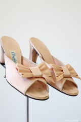 "Satin Slippers" Vintage 1940's Champagne Pink Satin Peep Toe Mules UK 4 US 6 EU 37
