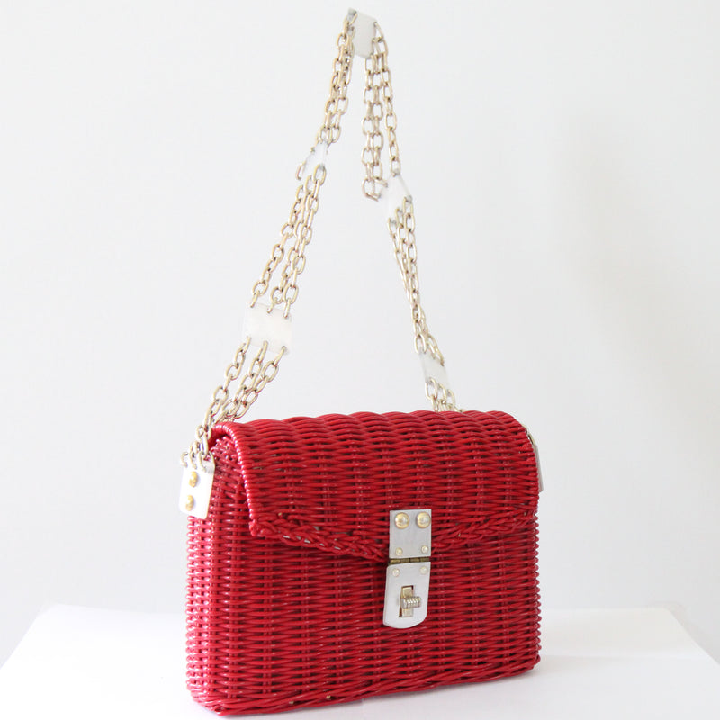 "Lucite & Basket" Vintage 1950's Red Basket & Lucite Chain Shoulder Bag