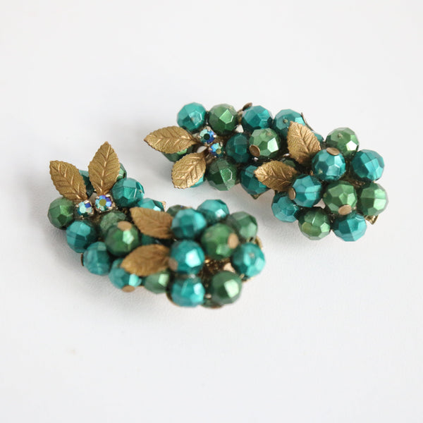 "Forest Green Climbers" Vintage 1960's Beaded Green Climber Clip-On Earrings
