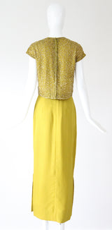 "Chartreuse & Gold" Vintage 1960's Chartreuse Green & Gold Beaded Cocktail Suit UK 8 US 4