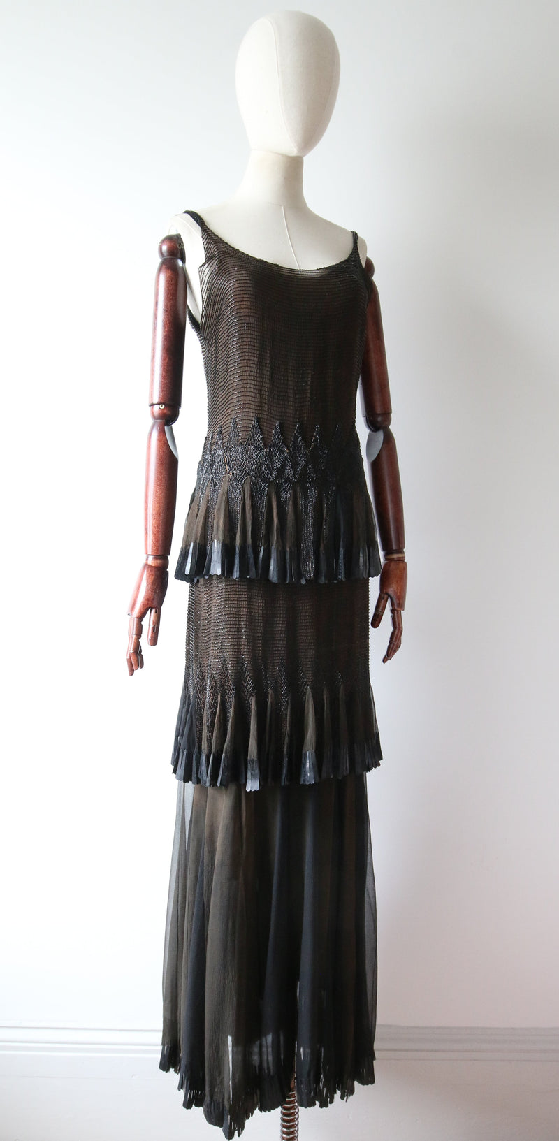“Liliane de Monte Carlo" Vintage 1930's Couture Silk Chiffon Beaded Tiered Evening Gown UK 6-8 US 2-4