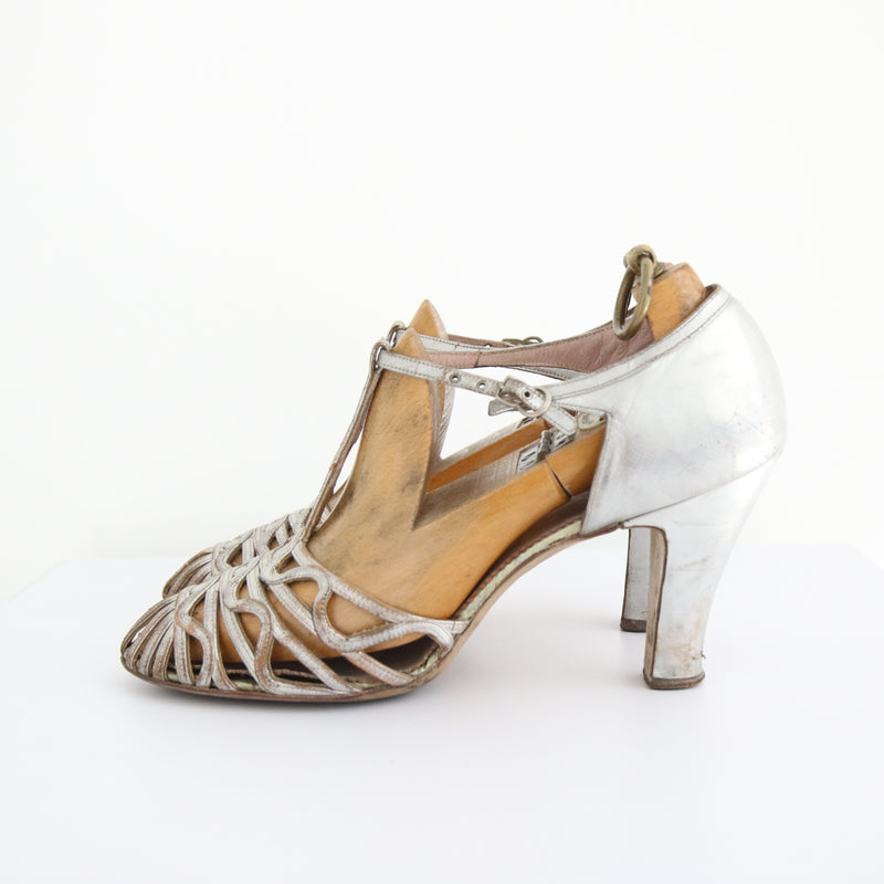 "Silver Leather" Vintage 1920's Silver Leather Shoes UK 5 EU 38 US 7 Narrow