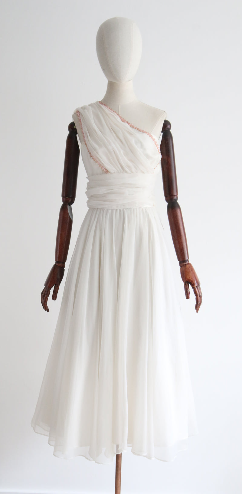 "Pink Sequins & Pleats" Vintage 1950's Ivory & Pink Pleated Dress  UK 4-6 US 0-2